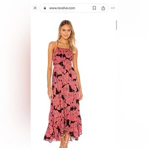 Free People Smocked Floral Midi Dress Pink Black Boho Cottagecore Summer Maxi